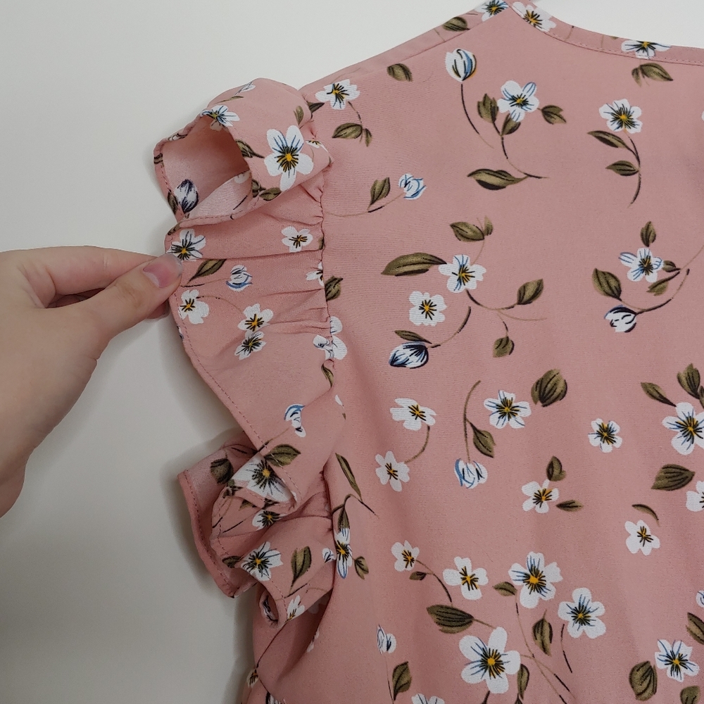 Shein Women's Spring Pink Ruffled Short Sleeve Tiered Floral Blouse Size Large - Picture 11 of 15
